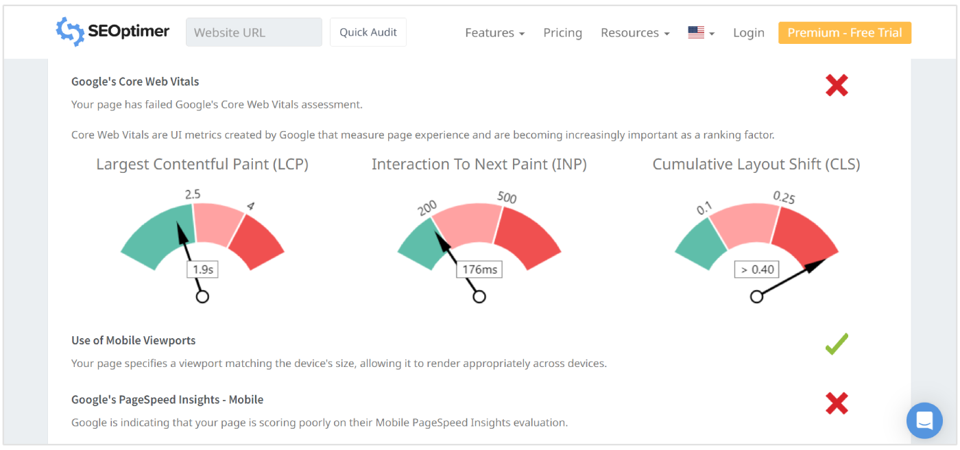 Core Web Vitals-Werte in SEO-Prüfung